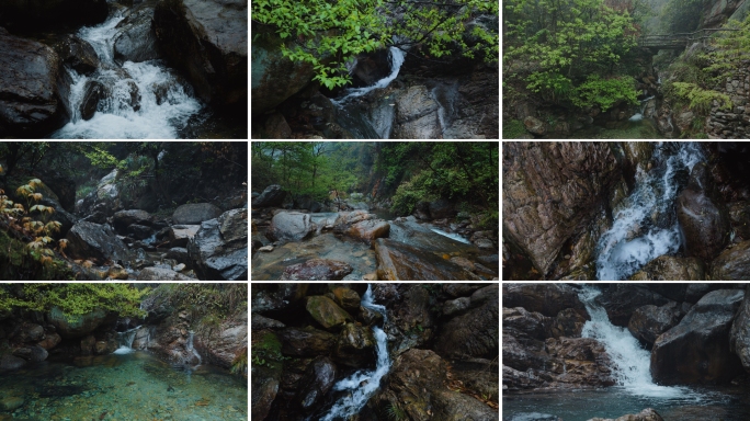 云雾森林山间泉水溪水河流石头