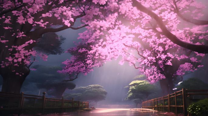 樱花飘落美景：宫崎骏卡通风格的梦幻之旅
