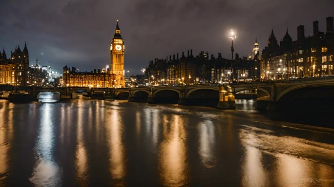 英国伦敦泰晤士河的夜景