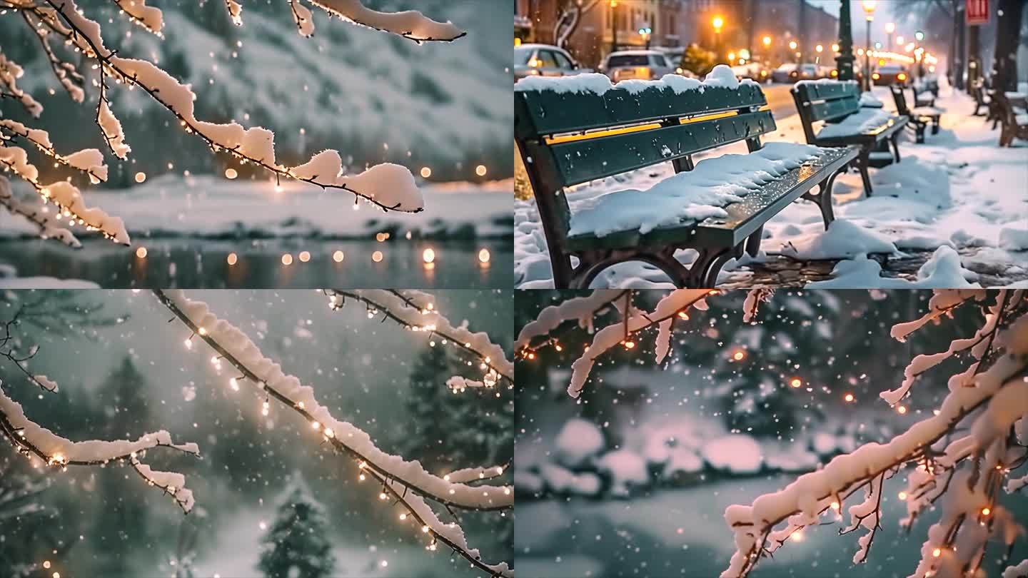 唯美城市雪景下雪天夜晚夜景素材原创44