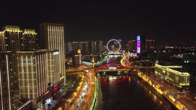 天津夜景城市海河 天津之眼 航拍