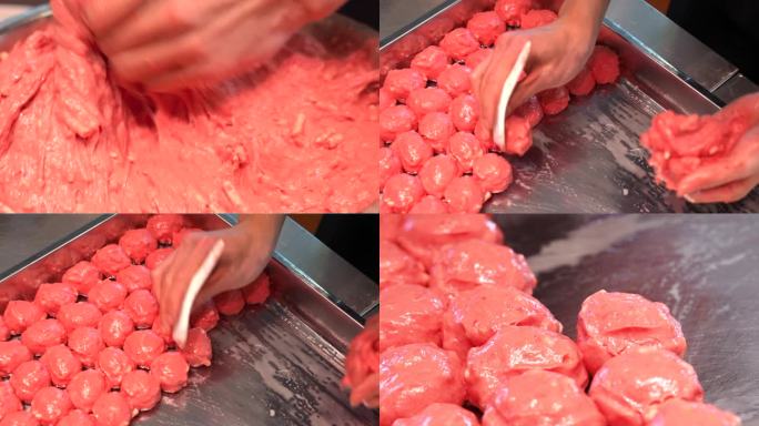 潮汕手打生牛肉丸生肉丸手工制作成型过程