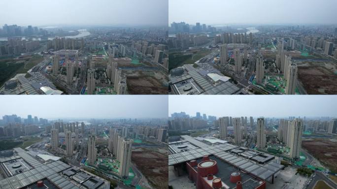 天津滨海新区城市风光秋季大雾市区航拍