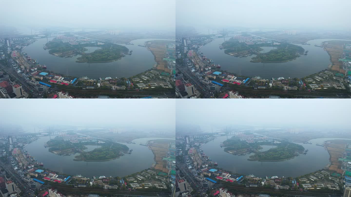 天津滨海新区城市风光秋季大雾市区航拍