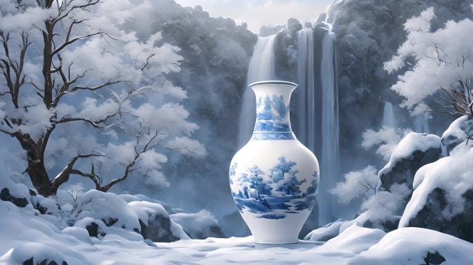 青花瓷 雪景瀑布