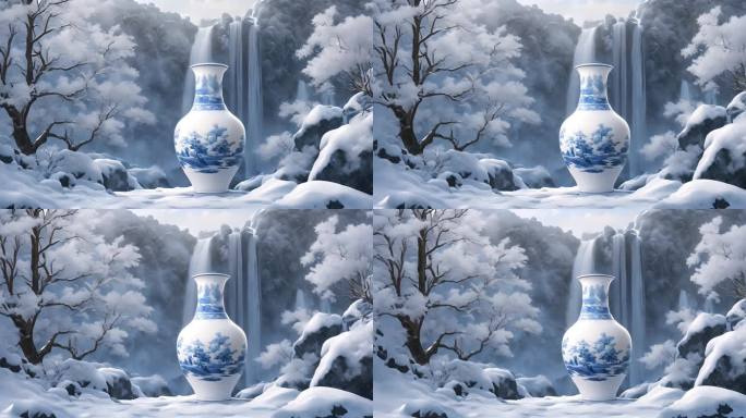 青花瓷 雪景瀑布