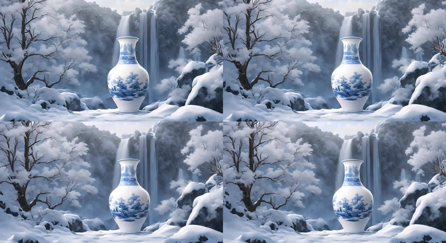 青花瓷 雪景瀑布