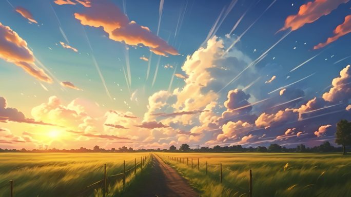 落日晚霞美景：宫崎骏卡通风格的梦幻之旅
