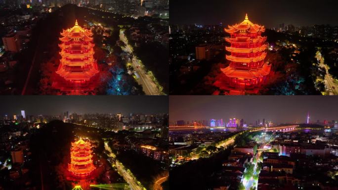 武汉黄鹤楼夜晚夜景航拍湖北武昌区地标建筑