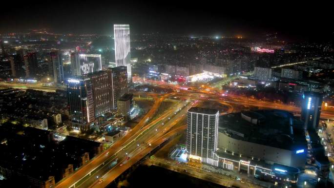 南京江北城市立交高架桥夜景航拍