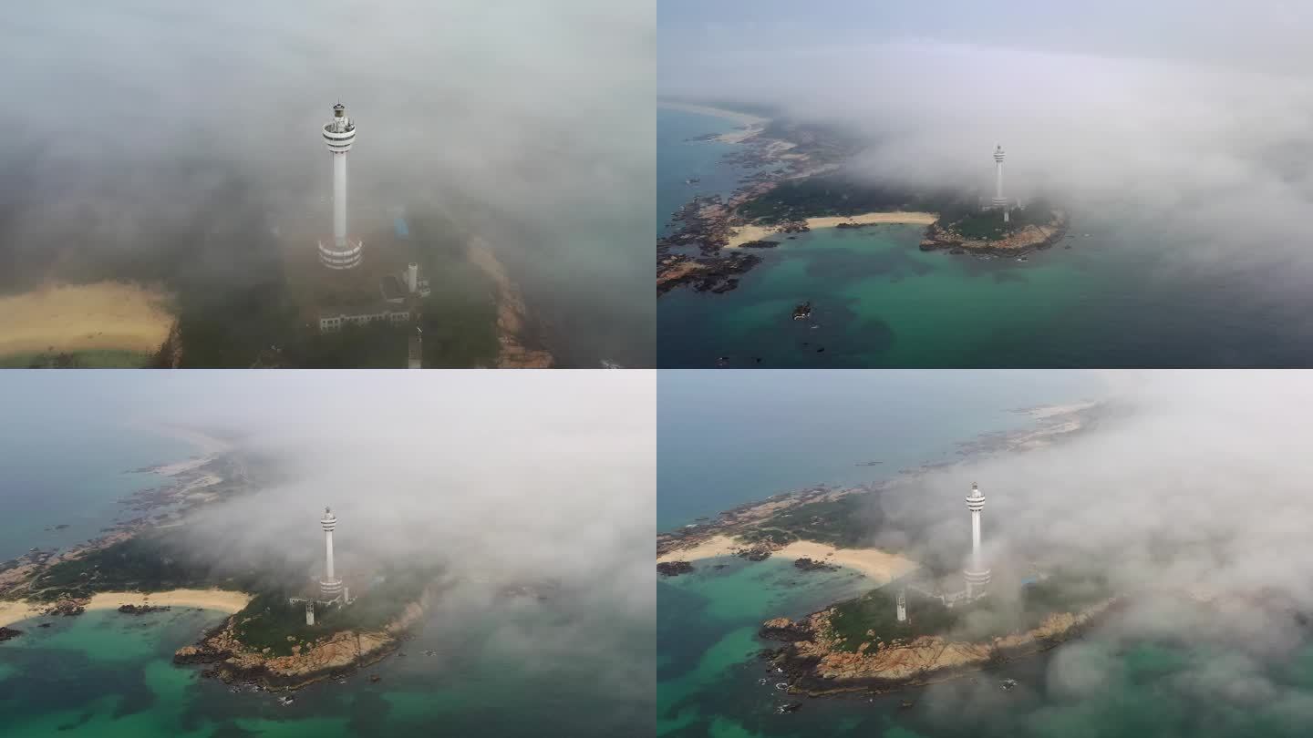 大气航拍海边雾中的灯塔