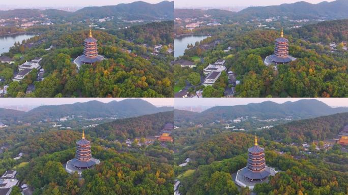 唯美杭州西湖雷峰塔景区大自然风光群山航拍