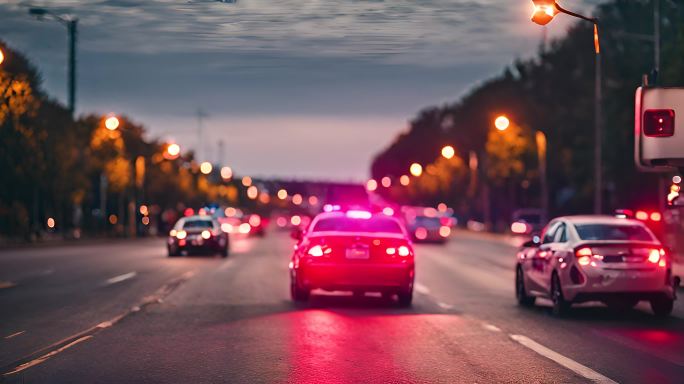 夜间驾驶蓝红应急灯闪烁的警车