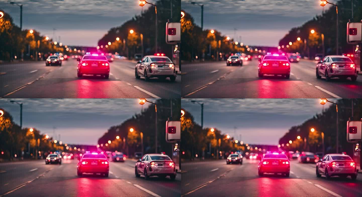 夜间驾驶蓝红应急灯闪烁的警车
