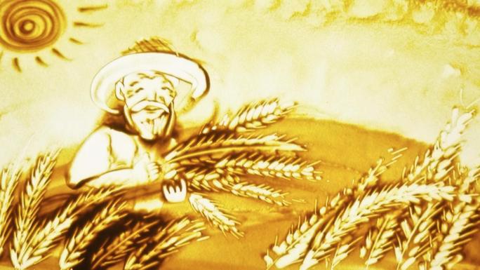 沙画片头热场暖场开场悯农农民耕种庄稼粮食