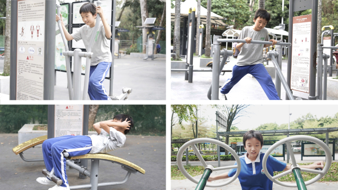 帅气小男孩在公园里，使用健身器材锻炼身体
