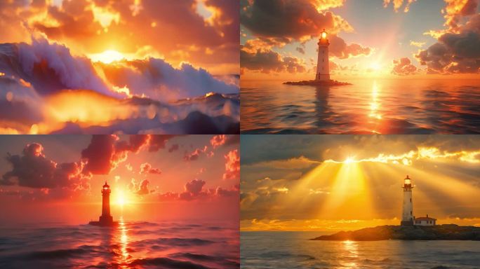 海上日出前行灯塔