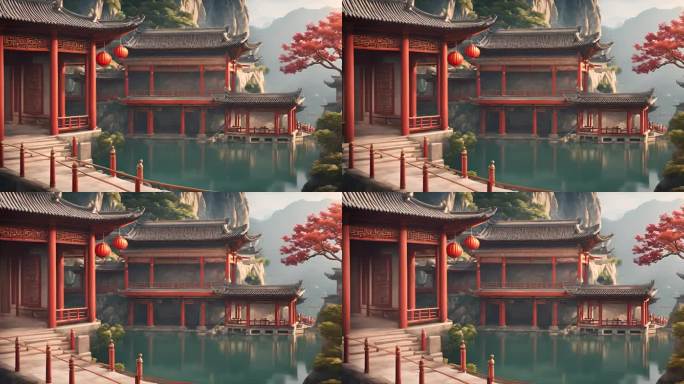 中式山水画庙宇建筑汉唐