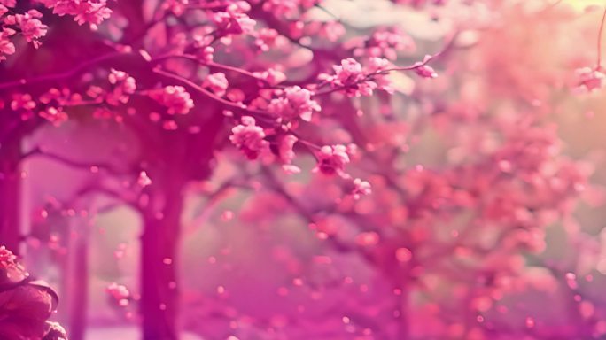 桃花树下花瓣随风飘落粉色花瓣雨美丽动人