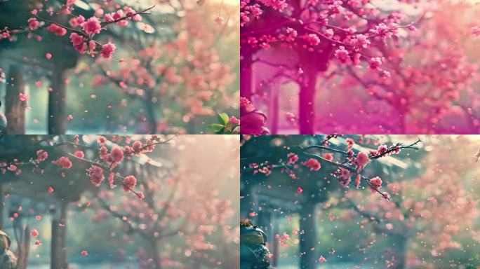 桃花树下花瓣随风飘落粉色花瓣雨美丽动人