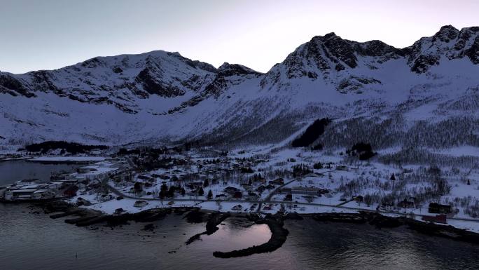 4k航拍北欧挪威塞尼亚岛雪景风光