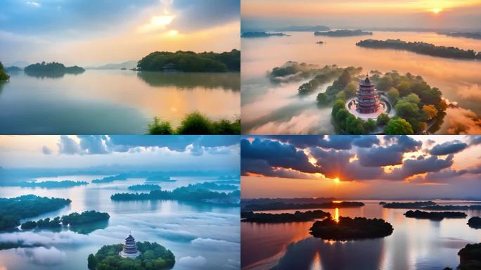 西湖杭州云雾清晨自然景色雷峰塔