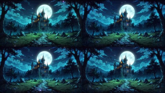 4K卡通阴森恐怖城堡夜晚月之夜圆黑夜背景