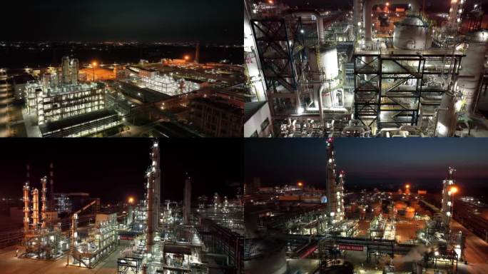 石油化工 石化炼油厂夜景航拍