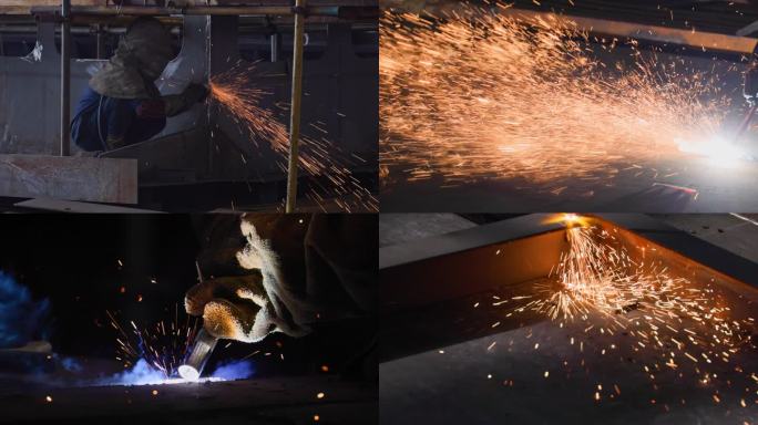 船舶制造业：船体焊接，火花飞溅。