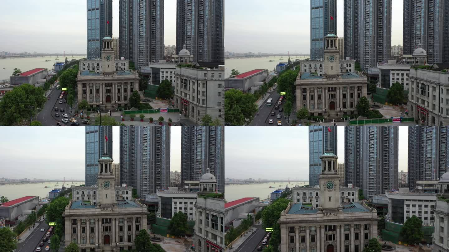 航拍武汉城市地标历史建筑江汉关钟楼街景