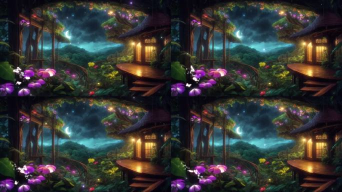 4K唯美梦幻卡通三维立体森林树屋背景
