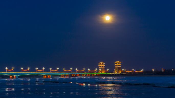 甘肃张掖新城黑河大桥冬季满月风光延时