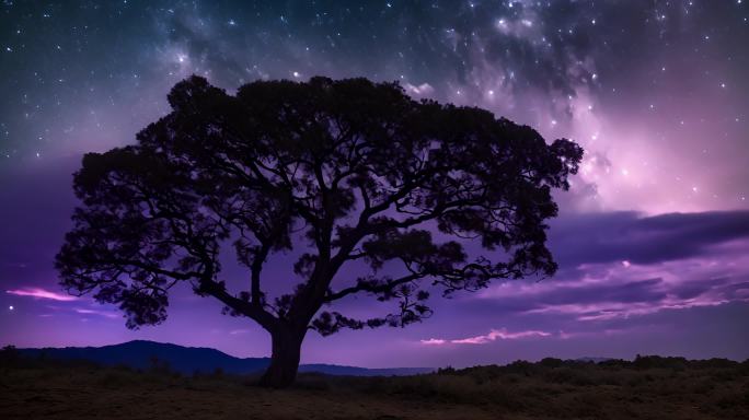 星空下山上的一棵树