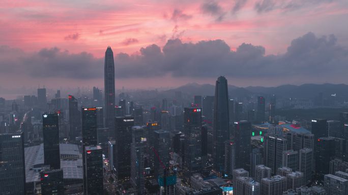 深圳福田CBD晚霞夜景航拍延时