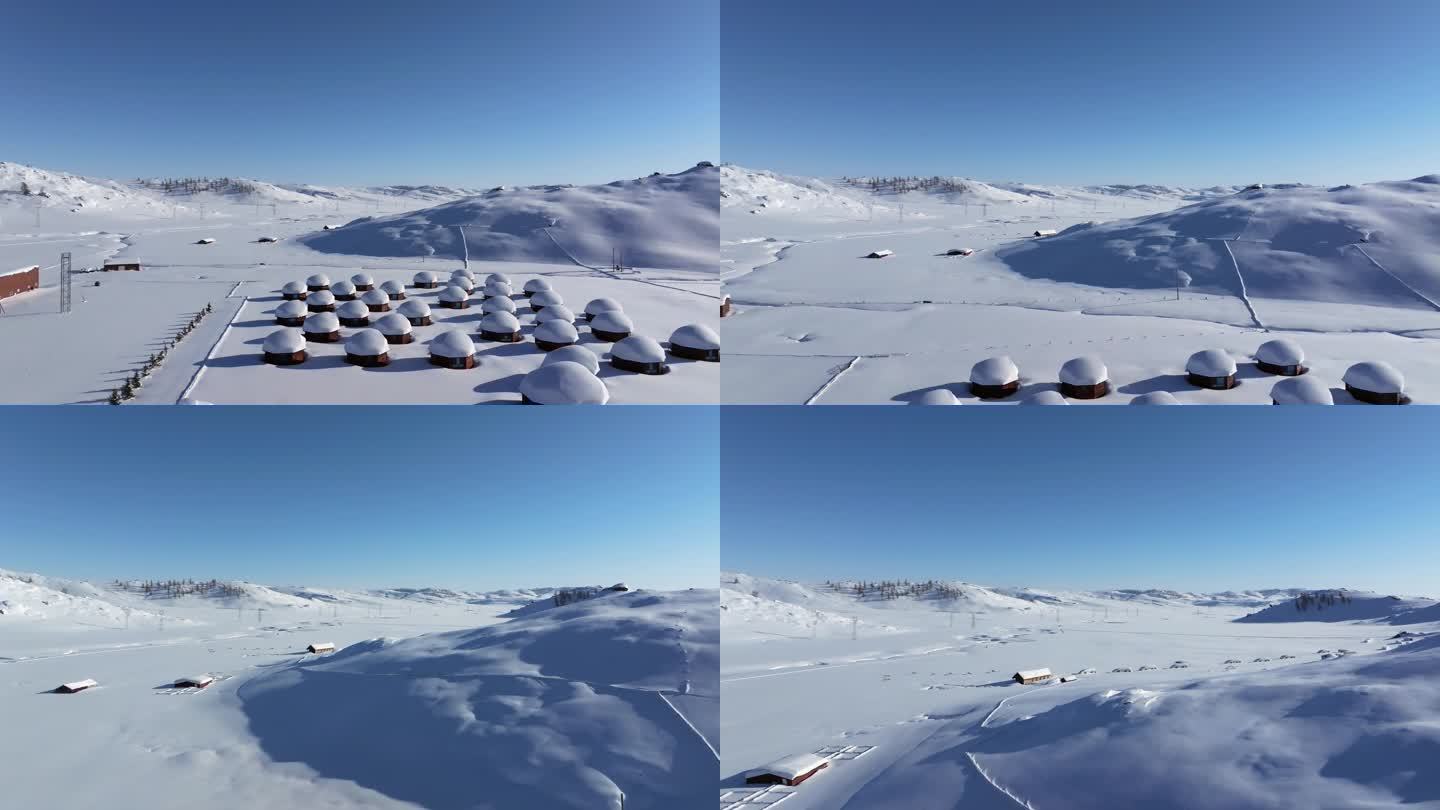 航拍新疆阿勒泰吉木乃草原石城雪原输电线路