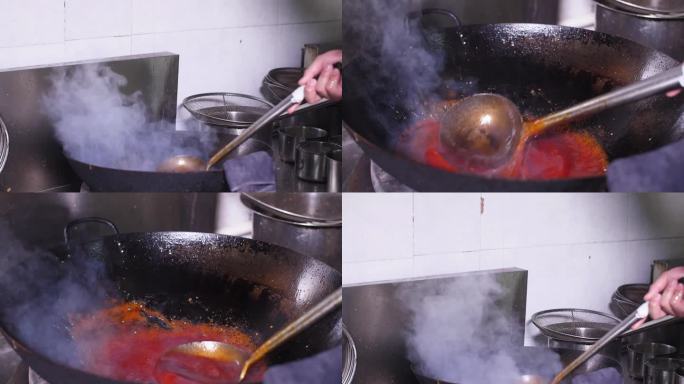 升格慢动作做饭调酱汁番茄酱番茄汁酱料锅汽