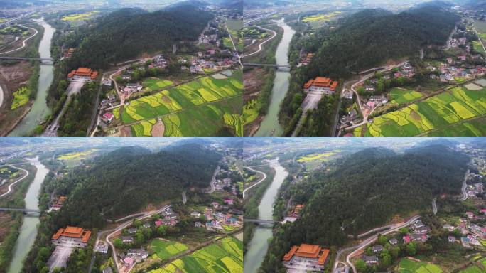 航拍湖南株洲旅游炎帝陵景区与油菜花田野