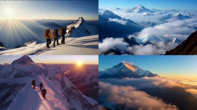 攀登登山团队雪山奋斗登顶