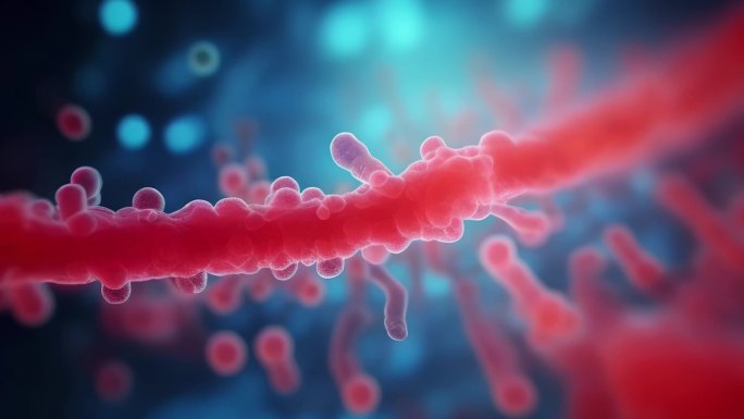红色细菌细胞与天蓝色化学分子微距AI视频