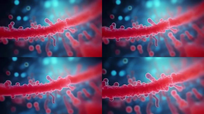 红色细菌细胞与天蓝色化学分子微距AI视频