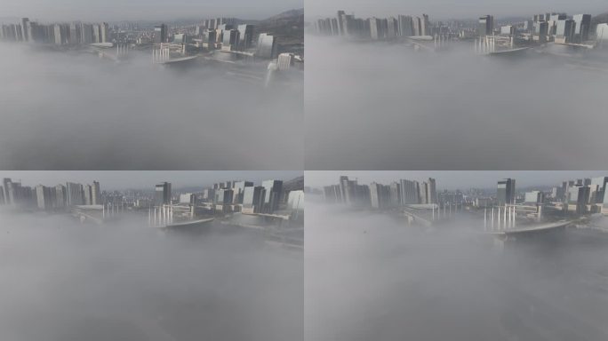 航拍威海市环翠区海滨路城市上空平流雾