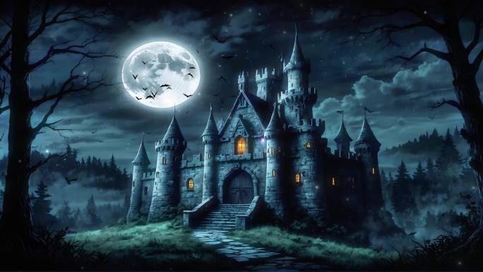 4K卡通阴森恐怖城堡夜晚黑夜月之夜圆背景
