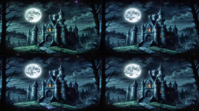 4K卡通阴森恐怖城堡夜晚黑夜月之夜圆背景
