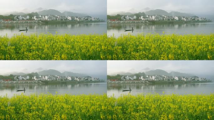 安徽新安江山水画廊春天油菜花云雾渔船