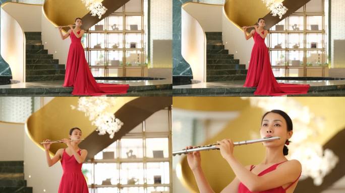 吹笛子 演奏   表演  红裙子  艺术