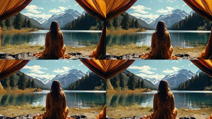 旅游露营概念坐在湖边帐篷外的女子