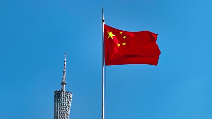 HD航拍广州塔下红旗升格红旗飘扬红旗飘荡