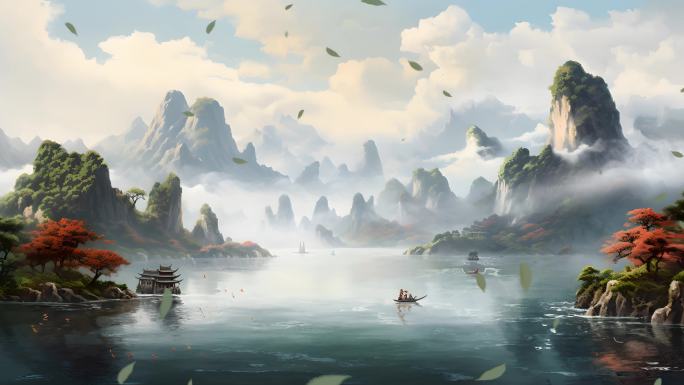 中国风写实山水画舞台背景