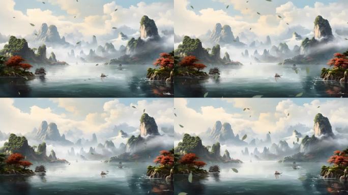 中国风写实山水画舞台背景