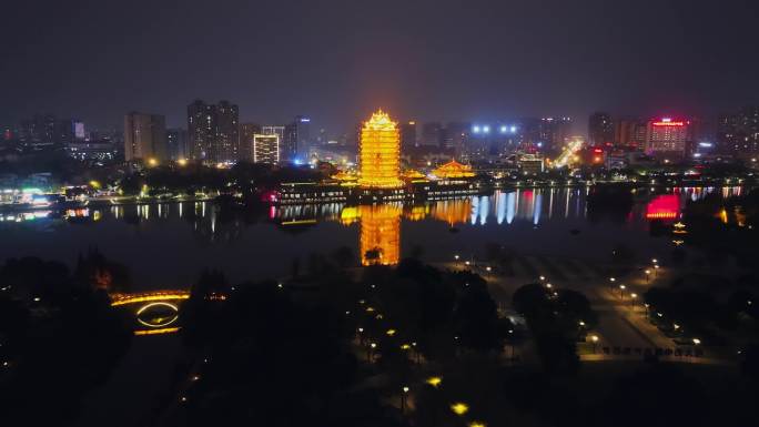 航拍四川眉山城市夜景建筑地标